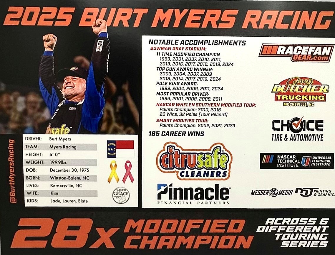 2025 BURT MYERS AUTOGRAPHED MODIFIED HERO CARD 8.5 X 11 (LIMIT: 2 ORDER)